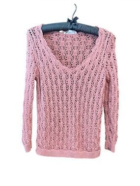 LOFT Rust Crochet Lightweight Cotton Openwork V-Neck Sweater